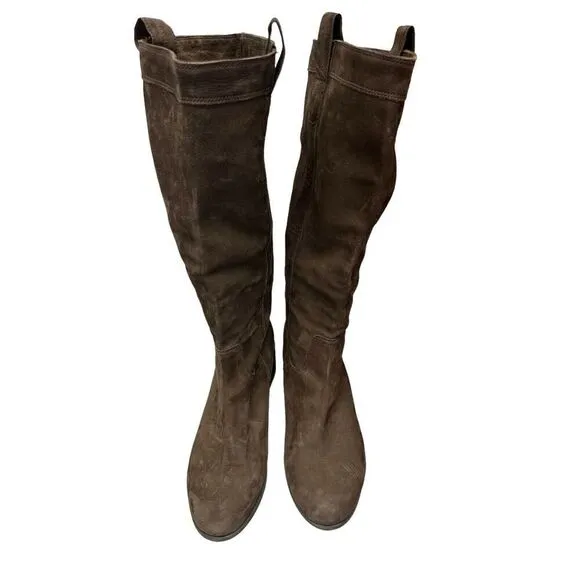 NEW Eileen Fisher Suede Tall Boots 8.5 Dark Brown High Shaft Western Vibe