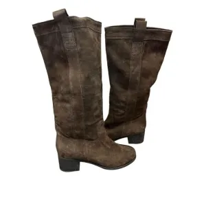 NEW Eileen Fisher Suede Tall Boots 8.5 Dark Brown High Shaft Western Vibe