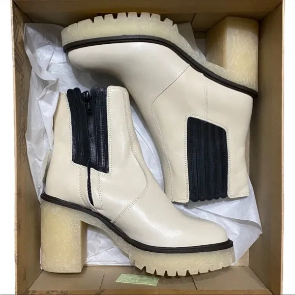 NEW FREE‎ PEOPLE James Chelsea Boots White Leather Chunky Block Heel