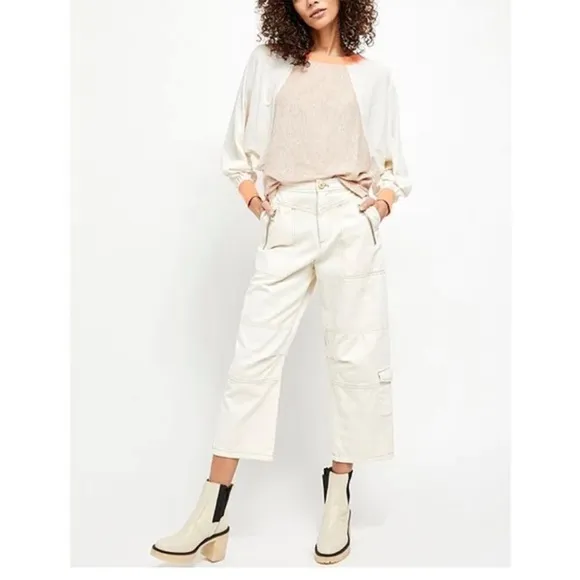 NEW FREE‎ PEOPLE James Chelsea Boots White Leather Chunky Block Heel