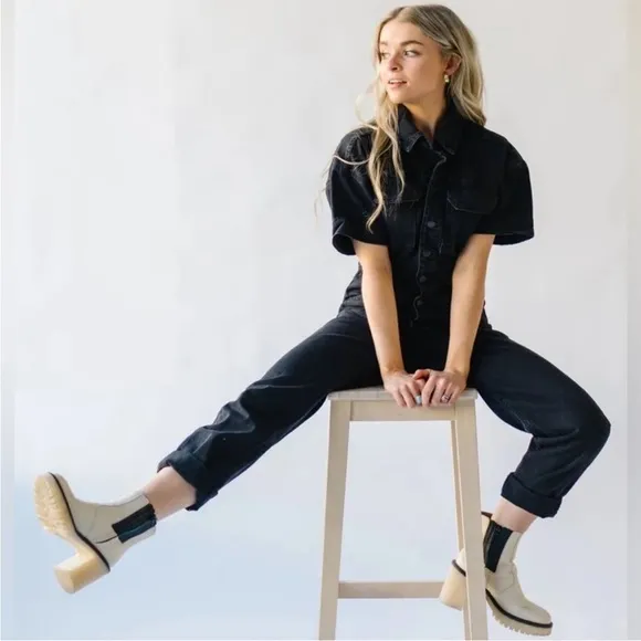 NEW FREE‎ PEOPLE James Chelsea Boots White Leather Chunky Block Heel