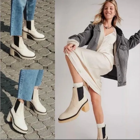 NEW FREE‎ PEOPLE James Chelsea Boots White Leather Chunky Block Heel