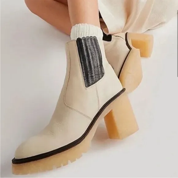 NEW FREE‎ PEOPLE James Chelsea Boots White Leather Chunky Block Heel