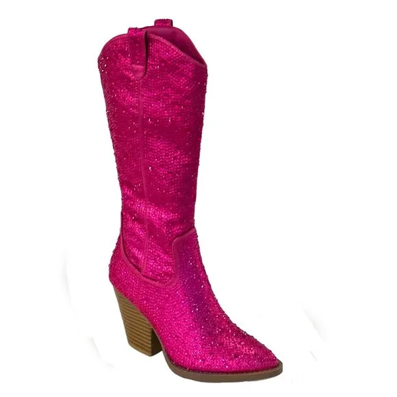 New Hot Pink Shiny Rhinestone Western Chunky Heel Cowboy Boots