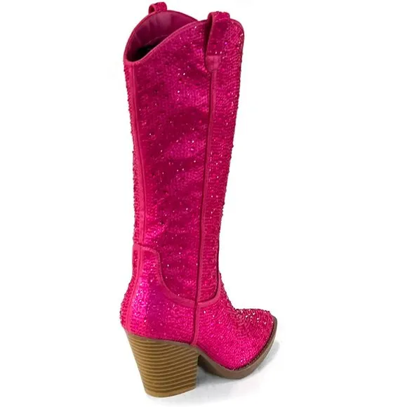 New Hot Pink Shiny Rhinestone Western Chunky Heel Cowboy Boots