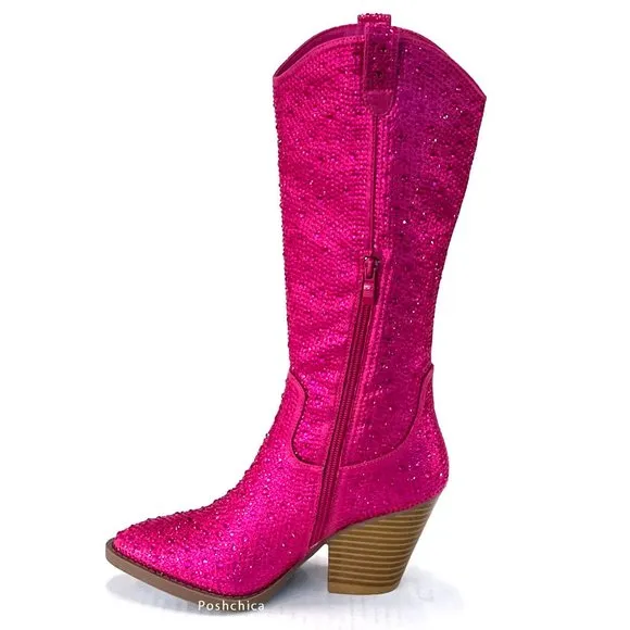 New Hot Pink Shiny Rhinestone Western Chunky Heel Cowboy Boots