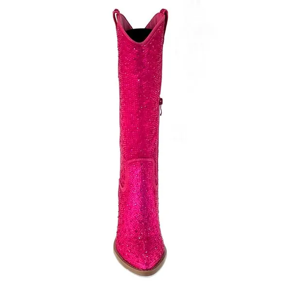 New Hot Pink Shiny Rhinestone Western Chunky Heel Cowboy Boots