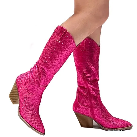 New Hot Pink Shiny Rhinestone Western Chunky Heel Cowboy Boots