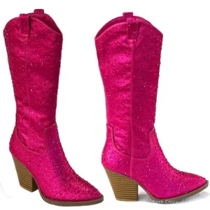 New Hot Pink Shiny Rhinestone Western Chunky Heel Cowboy Boots