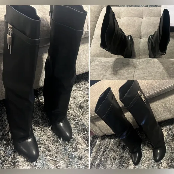 NEW IN BOX Black Fold Over Wedge Heel Wide Calf Pull On Knee High Boots Size 10