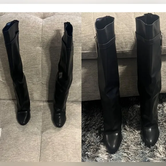 NEW IN BOX Black Fold Over Wedge Heel Wide Calf Pull On Knee High Boots Size 10