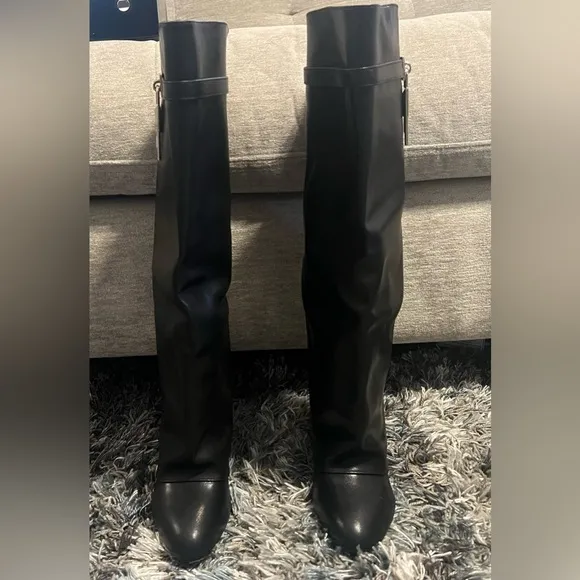 NEW IN BOX Black Fold Over Wedge Heel Wide Calf Pull On Knee High Boots Size 10