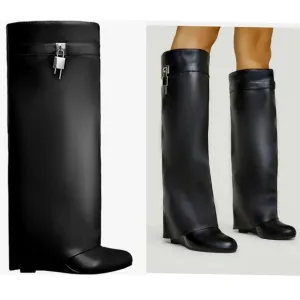 NEW IN BOX Black Fold Over Wedge Heel Wide Calf Pull On Knee High Boots Size 10