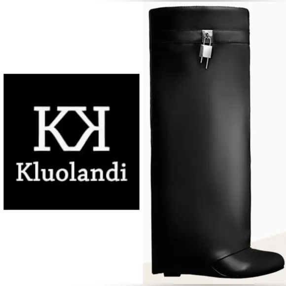NEW IN BOX Black Fold Over Wedge Heel Wide Calf Pull On Knee High Boots Size 10