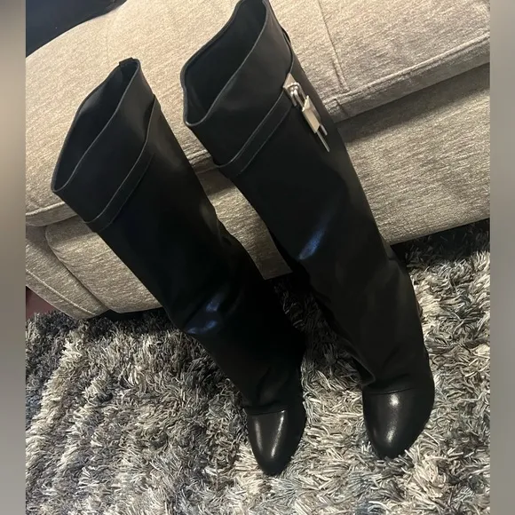 NEW IN BOX Black Fold Over Wedge Heel Wide Calf Pull On Knee High Boots Size 10
