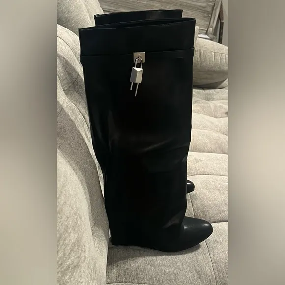 NEW IN BOX Black Fold Over Wedge Heel Wide Calf Pull On Knee High Boots Size 10