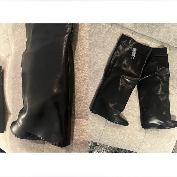 NEW IN BOX Black Fold Over Wedge Heel Wide Calf Pull On Knee High Boots Size 10