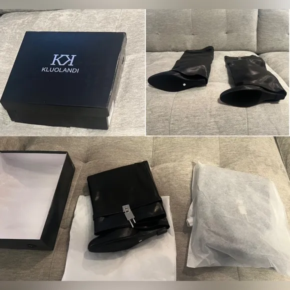 NEW IN BOX Black Fold Over Wedge Heel Wide Calf Pull On Knee High Boots Size 10