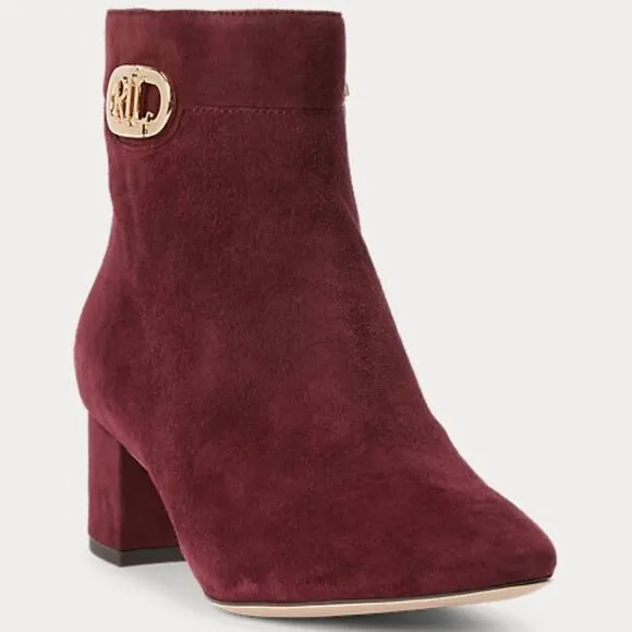 New in Box Ralph Lauren 9.5 Burgundy Wine Suede Block Heel Ankle Booties Boots