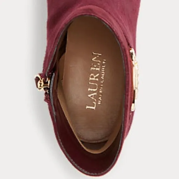 New in Box Ralph Lauren 9.5 Burgundy Wine Suede Block Heel Ankle Booties Boots