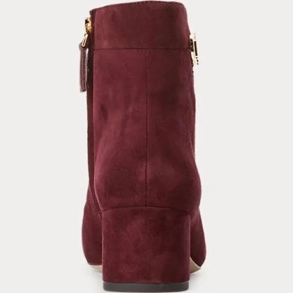 New in Box Ralph Lauren 9.5 Burgundy Wine Suede Block Heel Ankle Booties Boots