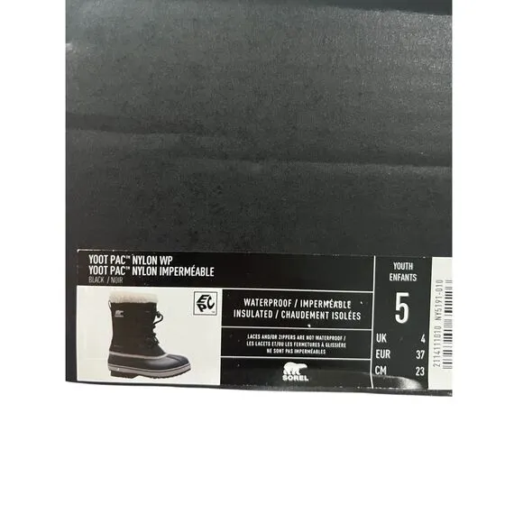 New In Box Sorel Yoot PAC Nylon Black Boots Youth Size 5 Waterproof