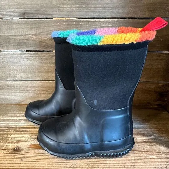 New Kids Hunter Black Rainbow Sherpa Lined Rubber‎ Snow Winter Boots Size 7 C
