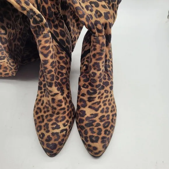 New Marc Fisher LULEY Stretch Leopard Chunky Heel Zip Over the Knee Boots sz 6