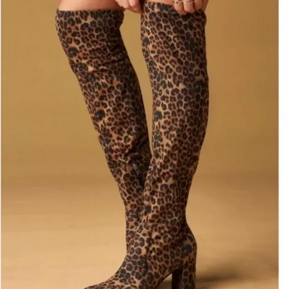 New Marc Fisher LULEY Stretch Leopard Chunky Heel Zip Over the Knee Boots sz 6