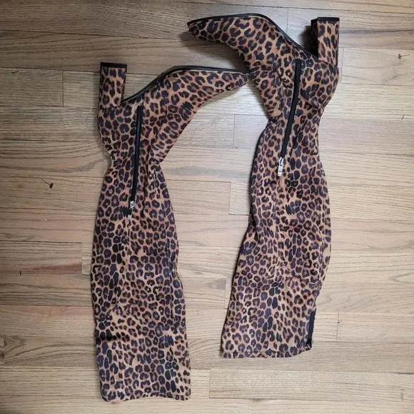 New Marc Fisher LULEY Stretch Leopard Chunky Heel Zip Over the Knee Boots sz 6