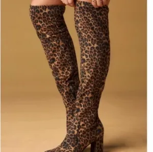 New Marc Fisher LULEY Stretch Leopard Chunky Heel Zip Over the Knee Boots sz 6