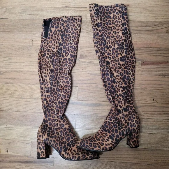 New Marc Fisher LULEY Stretch Leopard Chunky Heel Zip Over the Knee Boots sz 6