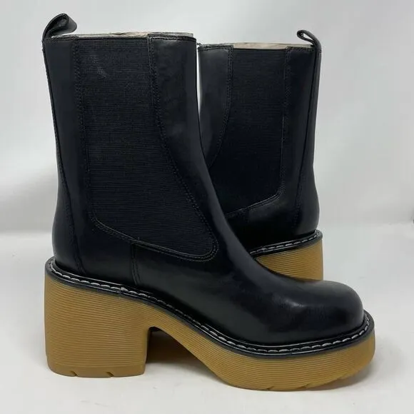 NEW Marc Fisher Fredy Boots 8 Black Leather Chunky Block Heel Lug Sole Pull On