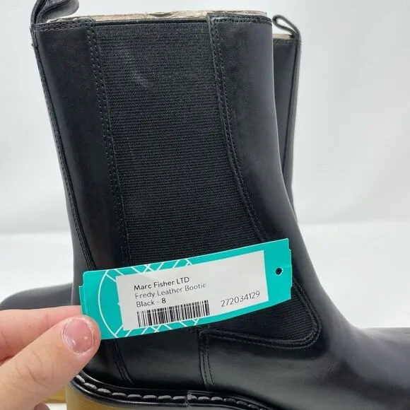 NEW Marc Fisher Fredy Boots 8 Black Leather Chunky Block Heel Lug Sole Pull On