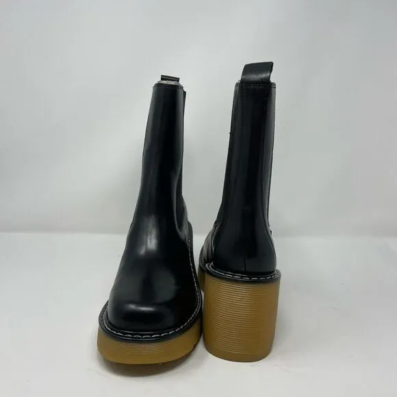 NEW Marc Fisher Fredy Boots 8 Black Leather Chunky Block Heel Lug Sole Pull On