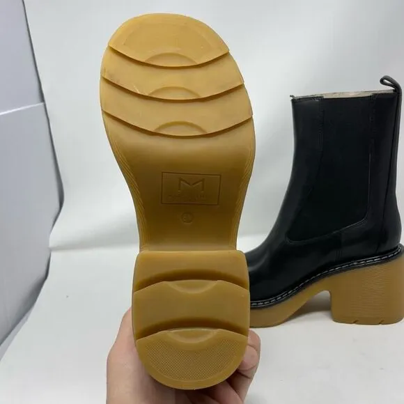 NEW Marc Fisher Fredy Boots 8 Black Leather Chunky Block Heel Lug Sole Pull On