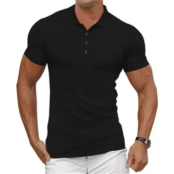 New Mens waffle knit polo shirts short sleeve black