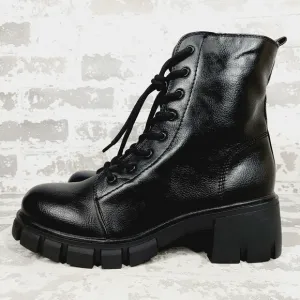 New MIA Black Faux Leather Block Heel Round Toe Lace Up Side Zip Boots H58