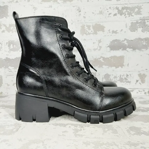 New MIA Black Faux Leather Block Heel Round Toe Lace Up Side Zip Boots H58