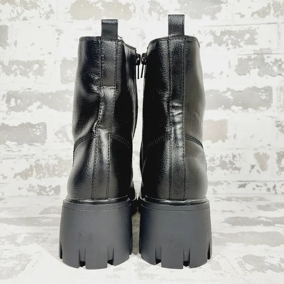 New MIA Black Faux Leather Block Heel Round Toe Lace Up Side Zip Boots H58