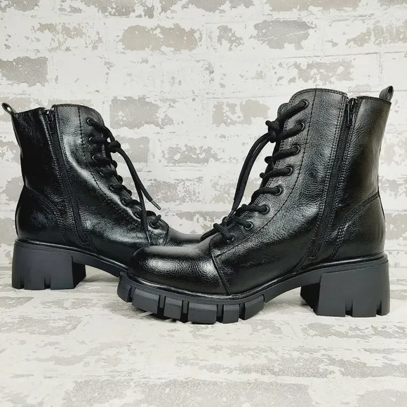 New MIA Black Faux Leather Block Heel Round Toe Lace Up Side Zip Boots H58