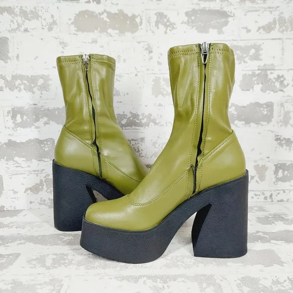 NEW Open Edit Jasper Green Black Chunky Platform Ankle Boots H343