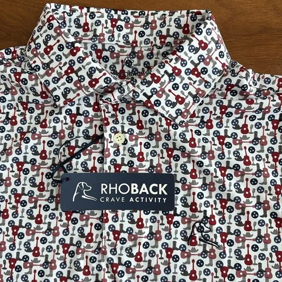 NEW! Rhoback The Nashvegas Performance Polo Guitar Cowboy Boots Print Sz Medium