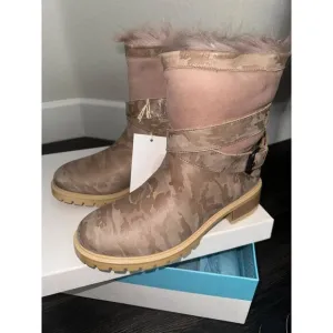 NEW! ROSS &amp; SNOW Emilina Pink Camo Shearling Lined Weatherproof Moto Boots- SZ 8