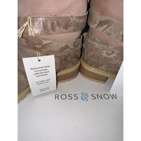 NEW! ROSS &amp; SNOW Emilina Pink Camo Shearling Lined Weatherproof Moto Boots- SZ 8