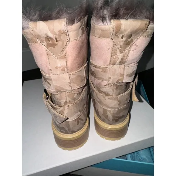 NEW! ROSS &amp; SNOW Emilina Pink Camo Shearling Lined Weatherproof Moto Boots- SZ 8
