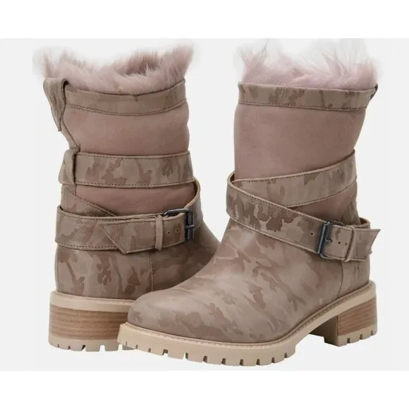 NEW! ROSS &amp; SNOW Emilina Pink Camo Shearling Lined Weatherproof Moto Boots- SZ 8