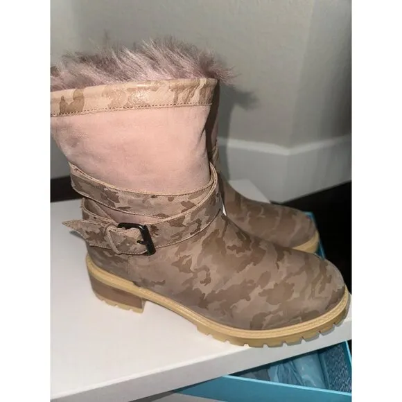 NEW! ROSS &amp; SNOW Emilina Pink Camo Shearling Lined Weatherproof Moto Boots- SZ 8