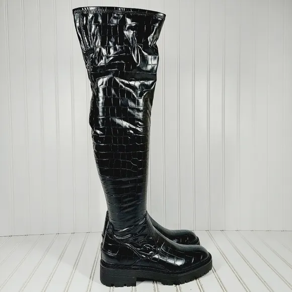 New Sarto Studio Fera Black Croc Print Knee High Winter Boots M576