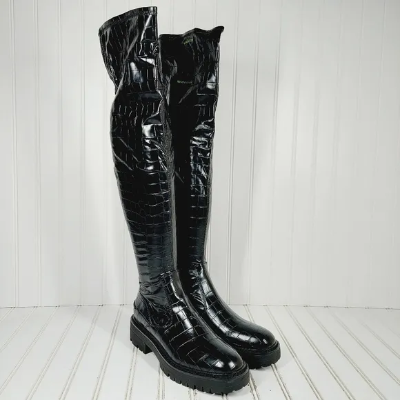 New Sarto Studio Fera Black Croc Print Knee High Winter Boots M576